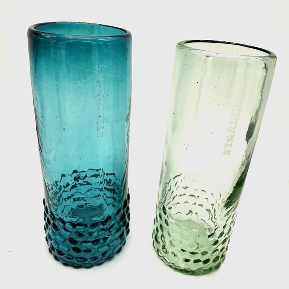 RARE Starbucks Set of 2 Hand Blown Hobnail Glasses Blue & Green Mexican - Picture 4 of 5
